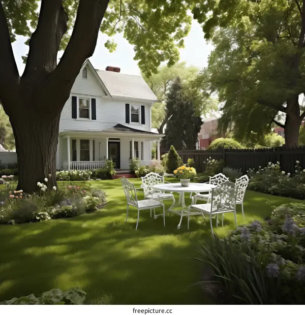 A beautiful backyard with a white house