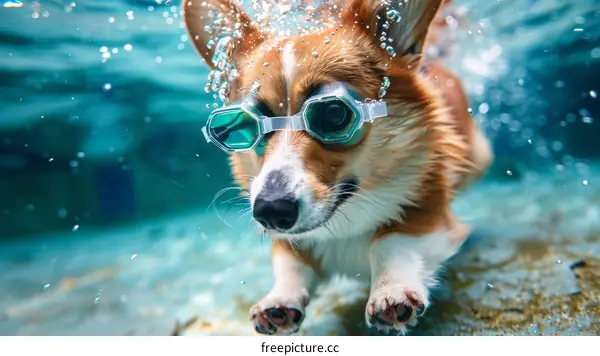 A cute corgi dog swimming underwater with goggles