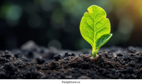 Close up of a young green plant growing out of the soil towards the light
