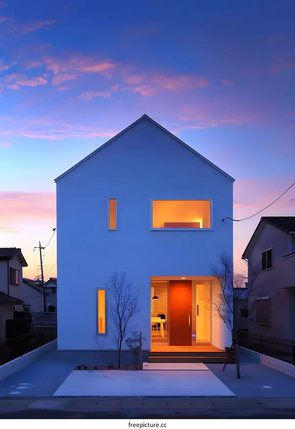 Modern White House with Orange Door at Sunset