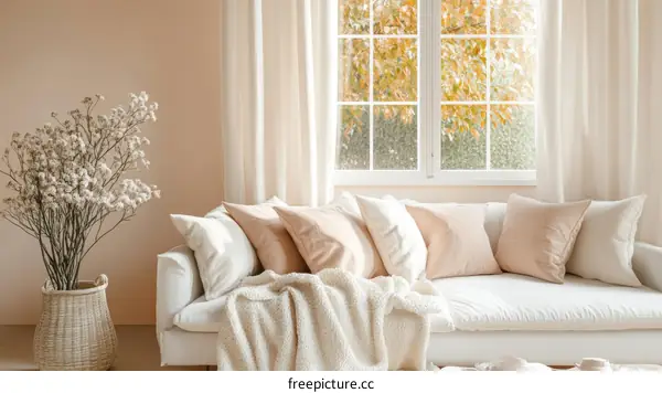Beige Living Room with Soft Lighting and Cozy Decor