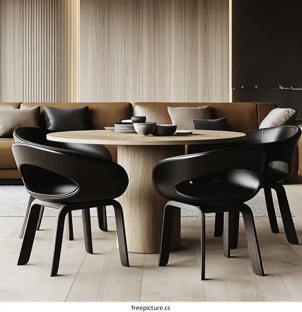 Modern Dining Room with Wooden Table and Black Chairs