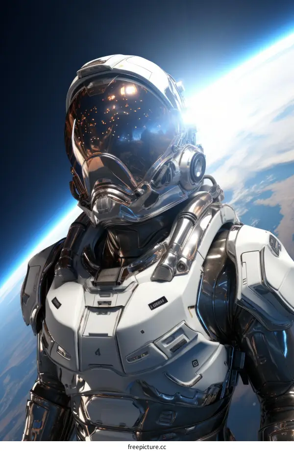 Astronaut in Futuristic Spacesuit Reflecting Earth
