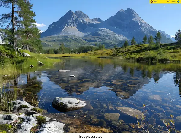 Mountains and lake landscape with green field and blue sky