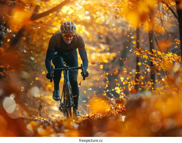Cyclist riding through a forest in autumn