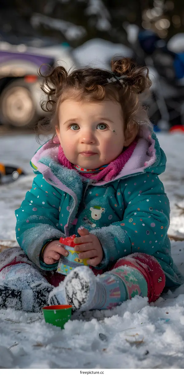 Little Girl Playing in the Snow With Colorful Toys
