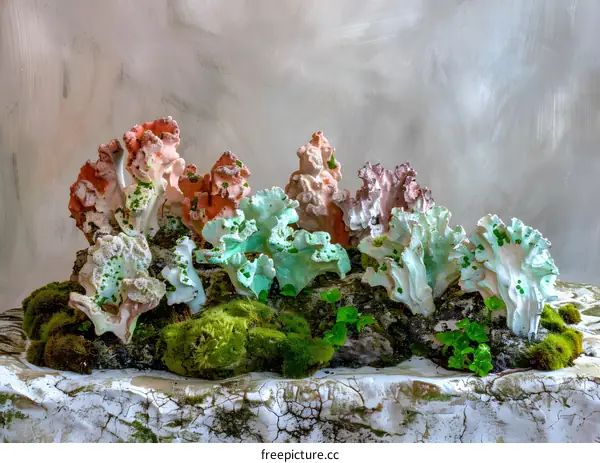 Colorful Coral and Green Moss on a Gray Stone Background