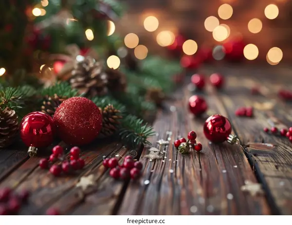 Red and Green Christmas Ornaments on Wooden Table