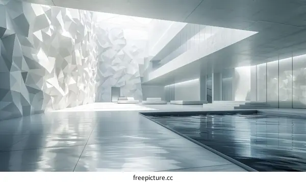 Modern architecture with geometric shapes and reflecting pool