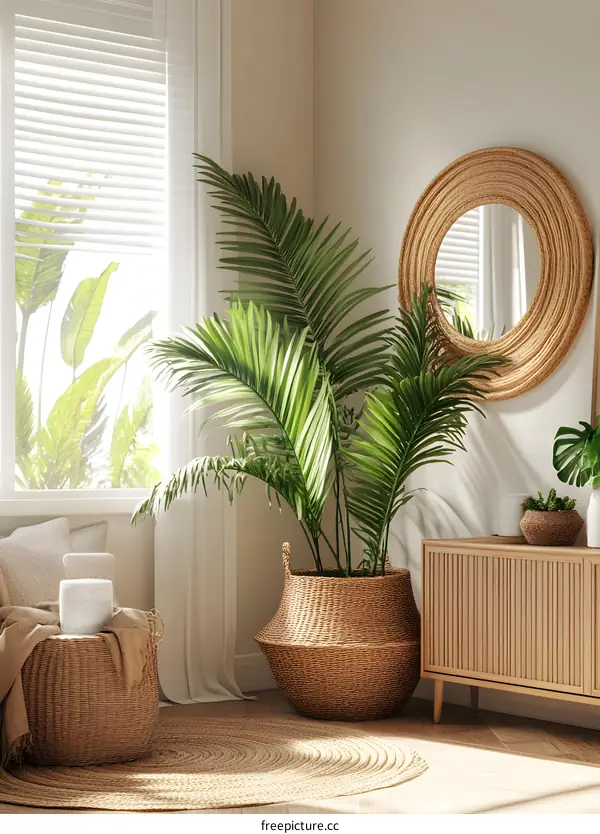 Modern Interior Design with Palm Plant and Woven Baskets
