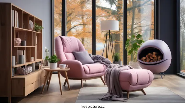 A stylish living room with a pink armchair, a wooden bookshelf, and a cozy fireplace