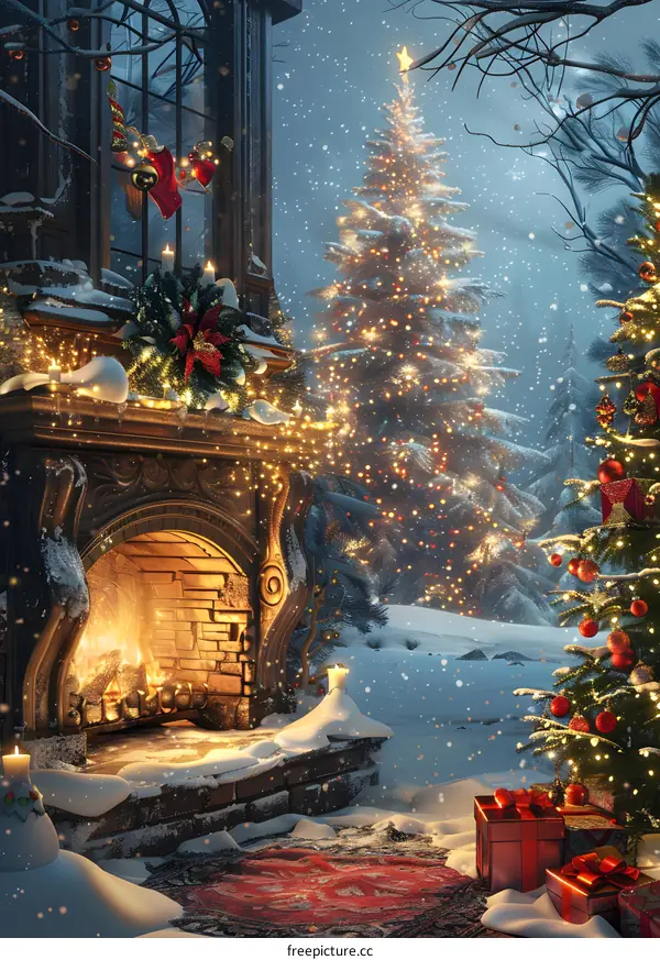 Christmas tree in front of the fireplace