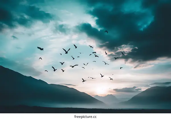 Flock of Birds Flying Over Mountains at Sunset