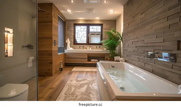 Modern Bathroom with White Bathtub and Wooden Walls