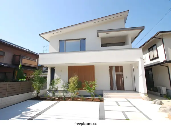 Modern White House with Green Plants and Stone Driveway