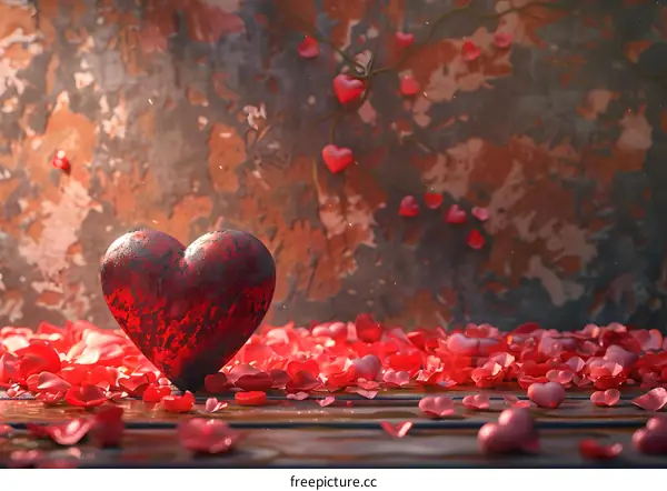 A red heart model and many red petals