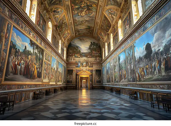 Hallway With Large Paintings and Gold Trim