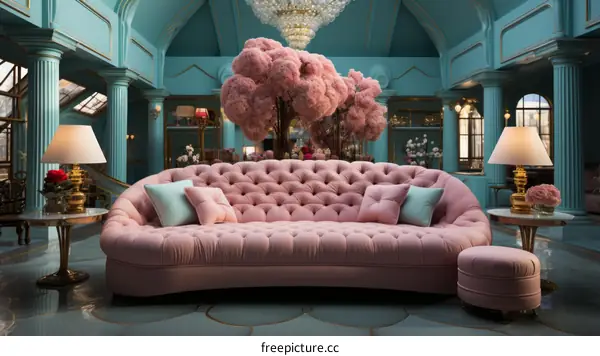 pink tufted sofa in a blue room
