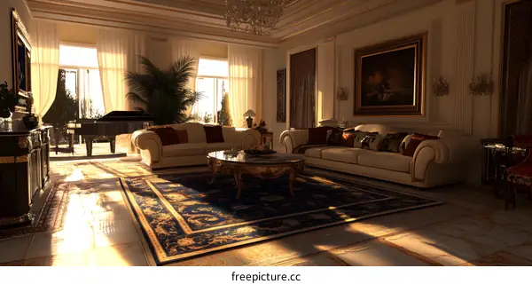 Elegant Living Room Interior Design With Golden Accents And A Grand Piano