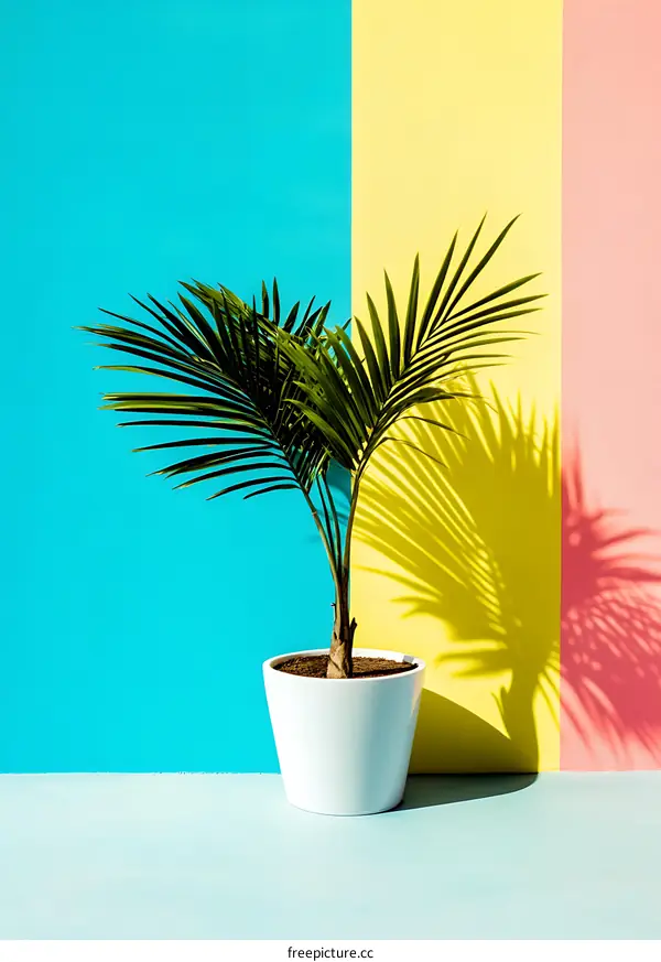 Tropical Plant in White Pot Against Colorful Wall