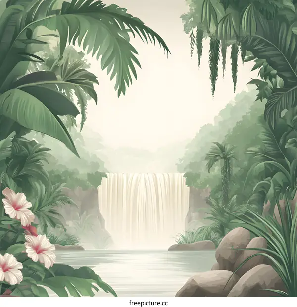 Tropical Waterfall Illustration with Lush Greenery and Flowers