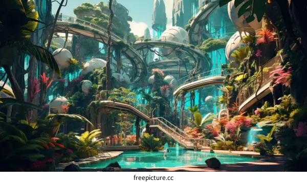 Futuristic city with lush vegetation and a river running through it