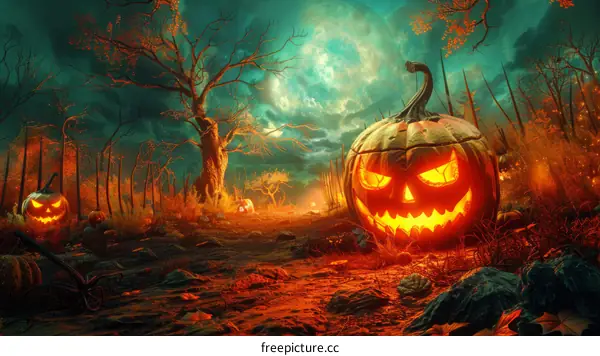Spooky Halloween Pumpkin with Moonlit Forest