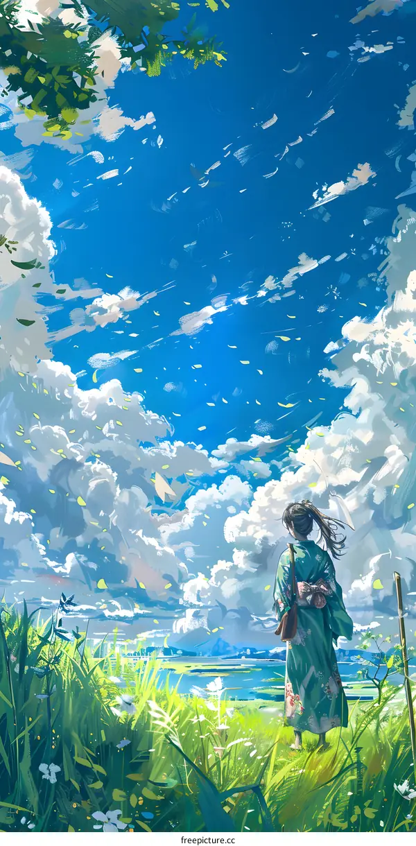 girl kimono clouds
