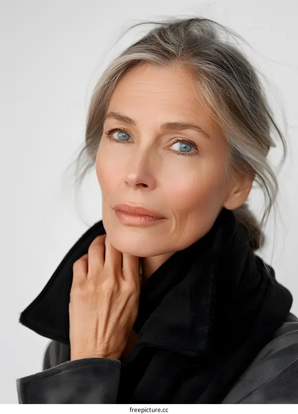 Portrait of a Beautiful Mature Woman with Gray Hair and Blue Eyes