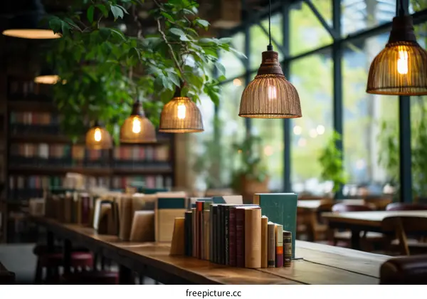 Cozy Bookstore Interior Decorated with Bookshelves and Hanging Wicker Lamps