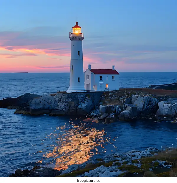 A lighthouse on the rocky coast at sunset