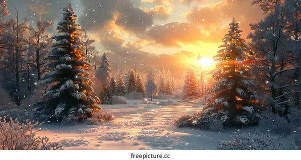 Snowy Forest Winter Wonderland: Sunlit Pines