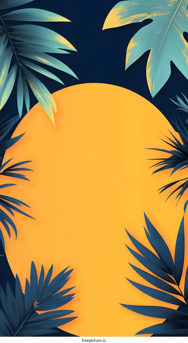 Tropical Leaves Minimalist Background with Yellow Circle