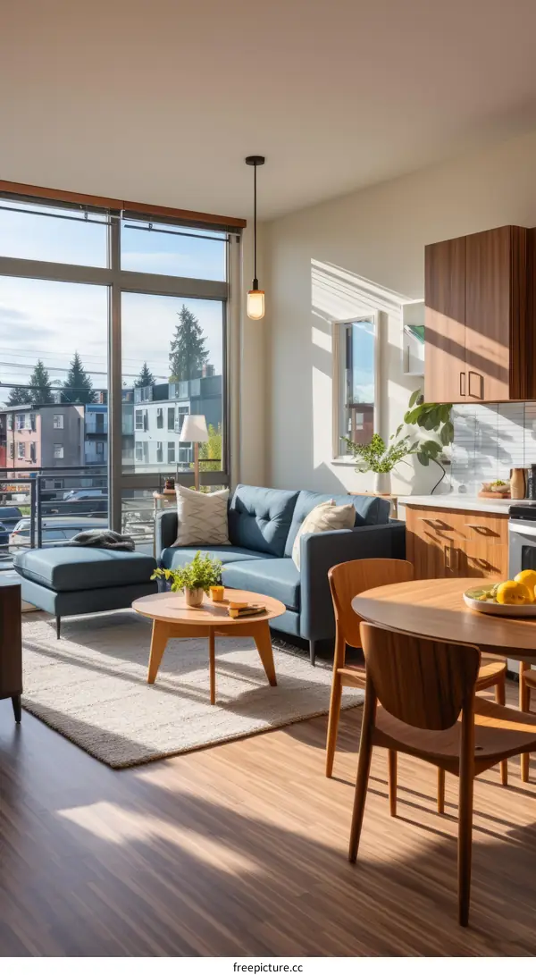 A modern living room with a large window, a blue couch, and a wooden coffee table
