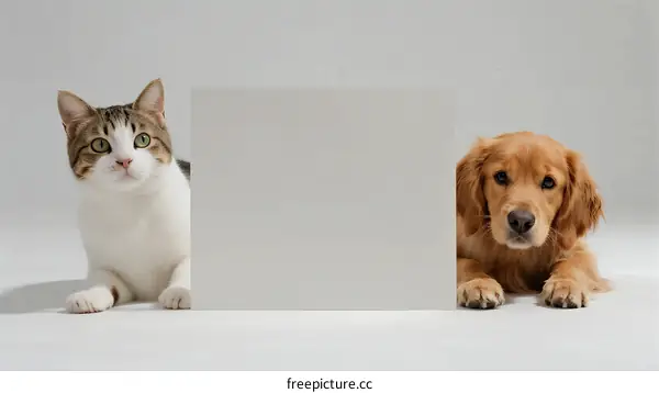 A cat and a dog sitting beside a blank board