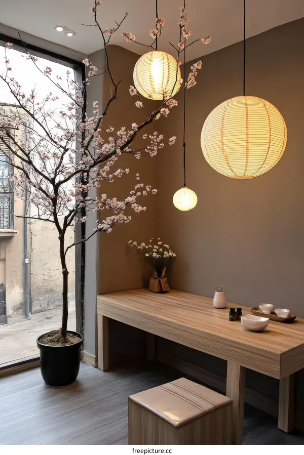 Japanese Style Interior with Cherry Blossom Decor