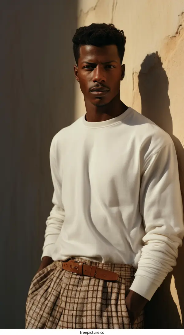 Black man wearing white sweater and brown plaid pants
