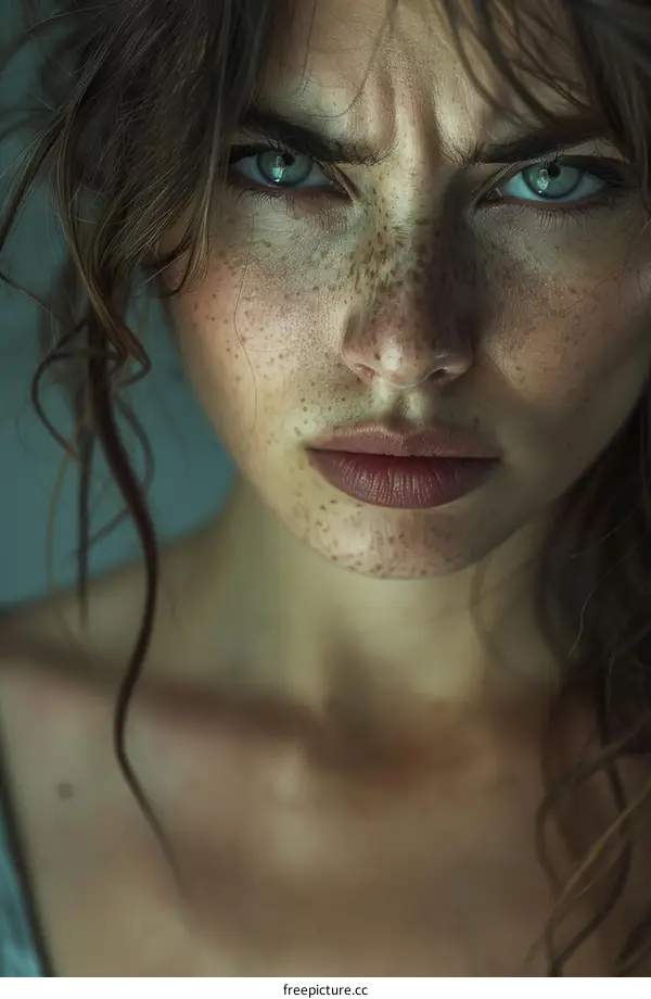 Close-up of a Young Woman with Freckles and Blue Eyes