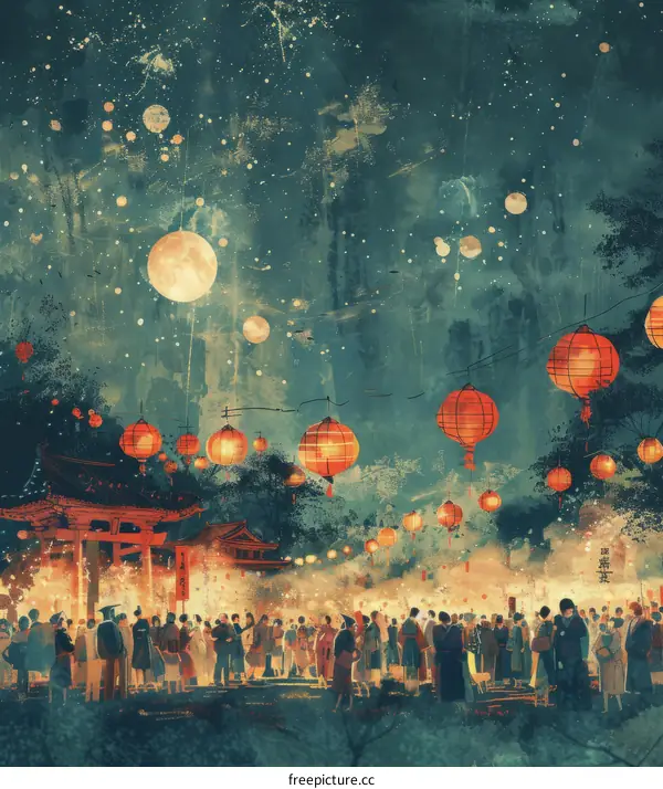 Vibrant Night Market in Asia with Lanterns
