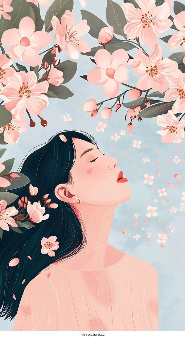 Woman with Pink Flowers Illustration
