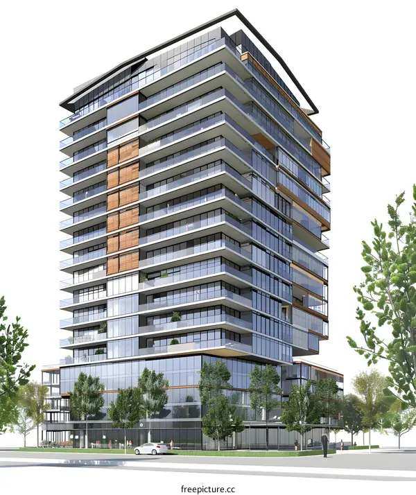 Modern Glass and Wood Apartment Building with White Background