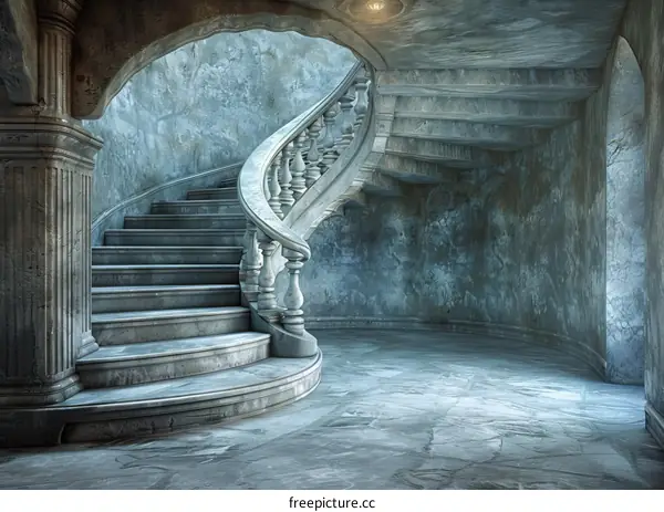 Spiral Staircase with Marble Columns Inside a Grand Hall