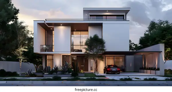 Modern Luxury House with Green Landscaping and Car