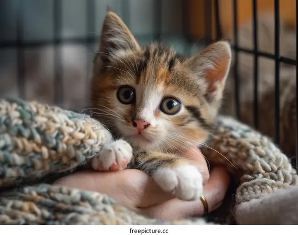 A cute kitten being cradled in someone's hands
