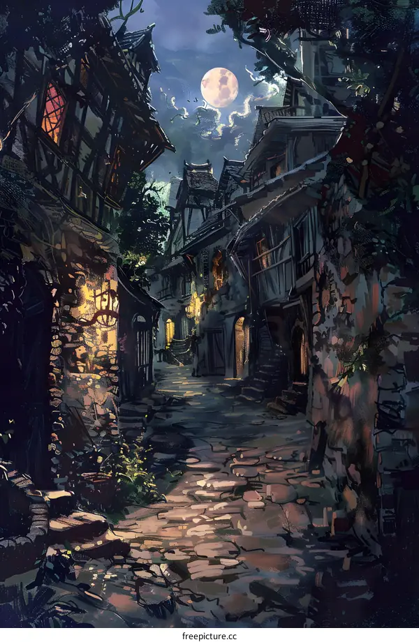 Nighttime Fantasy Medieval Town Illustration