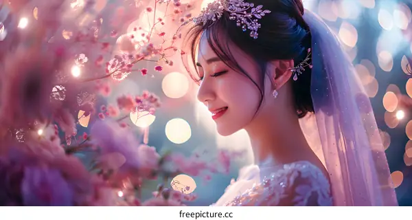 A bride in a white dress standing under a cherry blossom tree