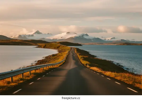 A scenic road stretching through a picturesque landscape with water and mountains