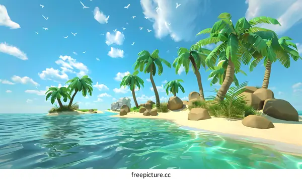 Tropical Island Paradise with Palm Trees and Clear Blue Water
