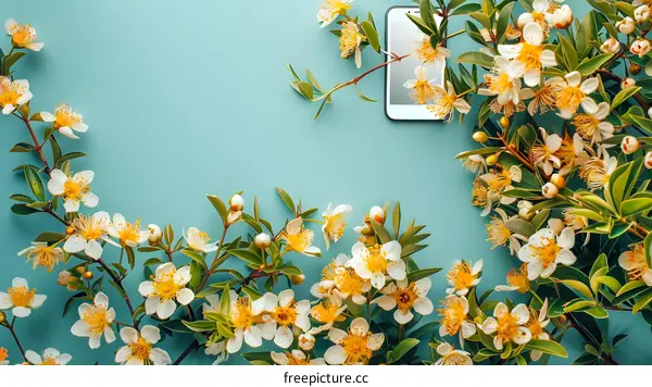 White Flowers and a Smartphone on a Blue Background