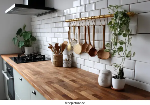 Modern Kitchen with White Tiles and Wooden Countertop